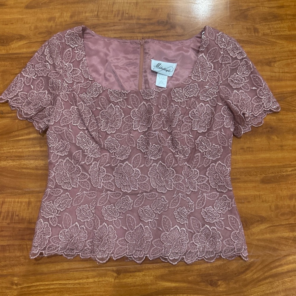 Michaelangelo Vintage Metallic Floral Lace Square Neck Blouse Mauve Pink‎ Size 8